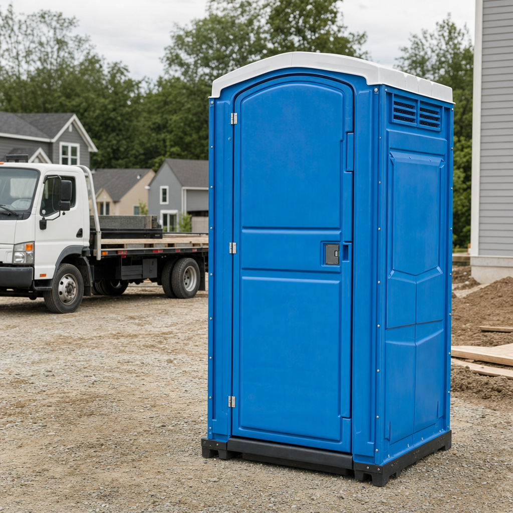 Delivery driver positioning a clean royal-blue portable toilet on level ground at a Chicago worksite