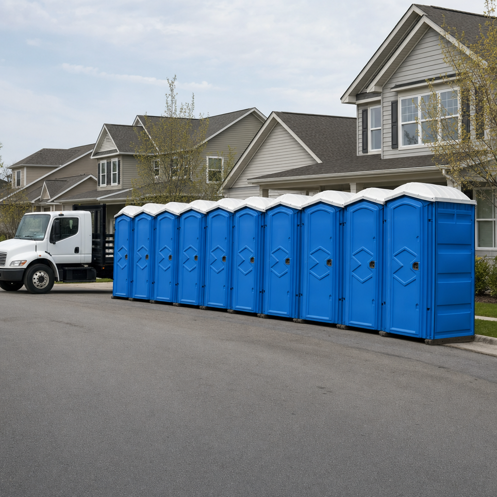 Royal blue portable toilets staged in a tidy row at a Chicago jobsite, ready for delivery